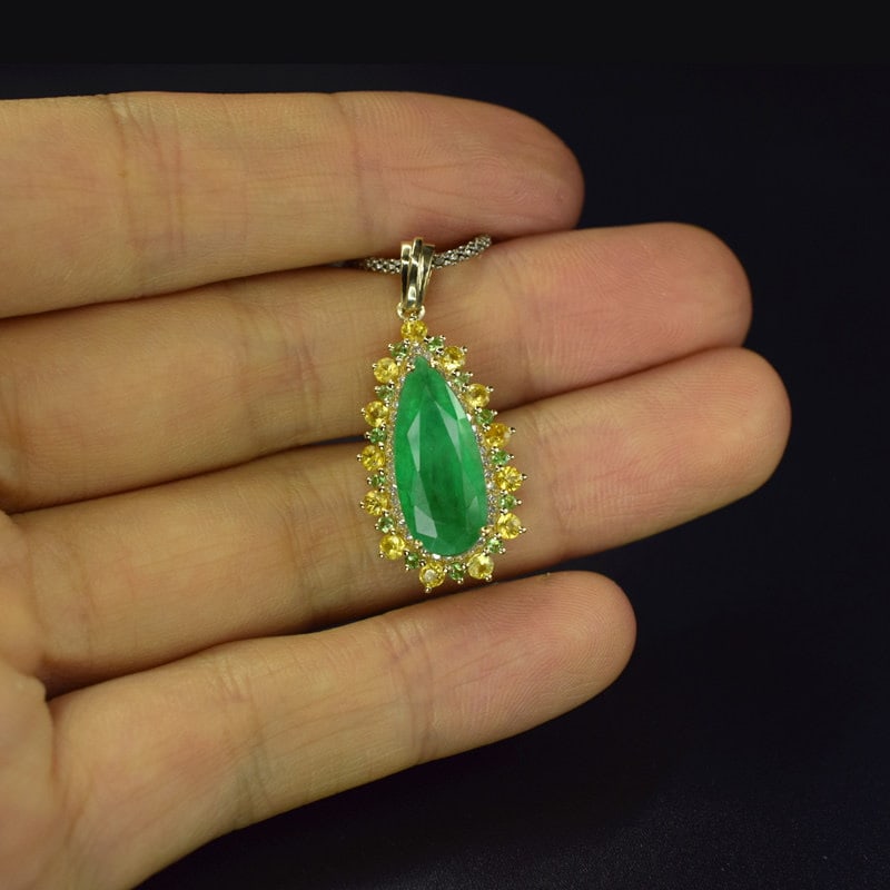 14k Gold 3.32 Ctw Natural Emerald & Diamond & Tsavorite Pendant( Without Chain ) - 4