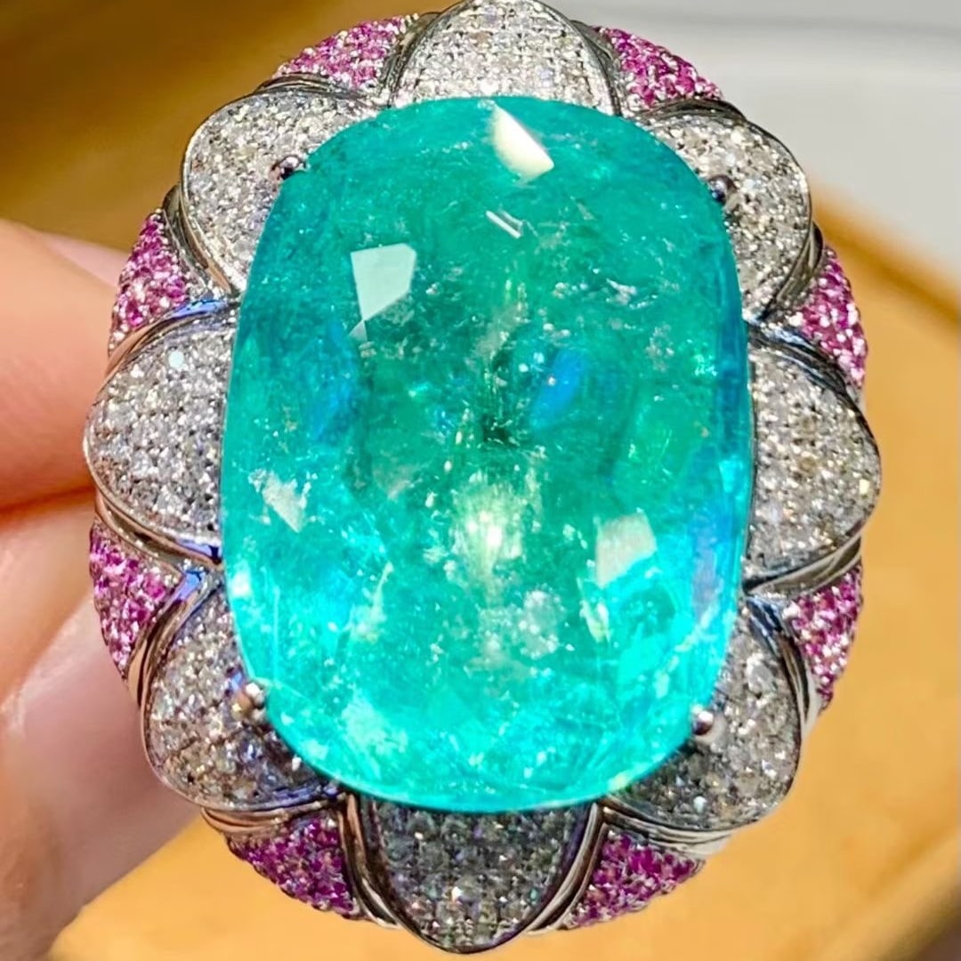 14k Gold 15.5 Ct Natural Paraiba Tourmaline & Diamond Ring - 2