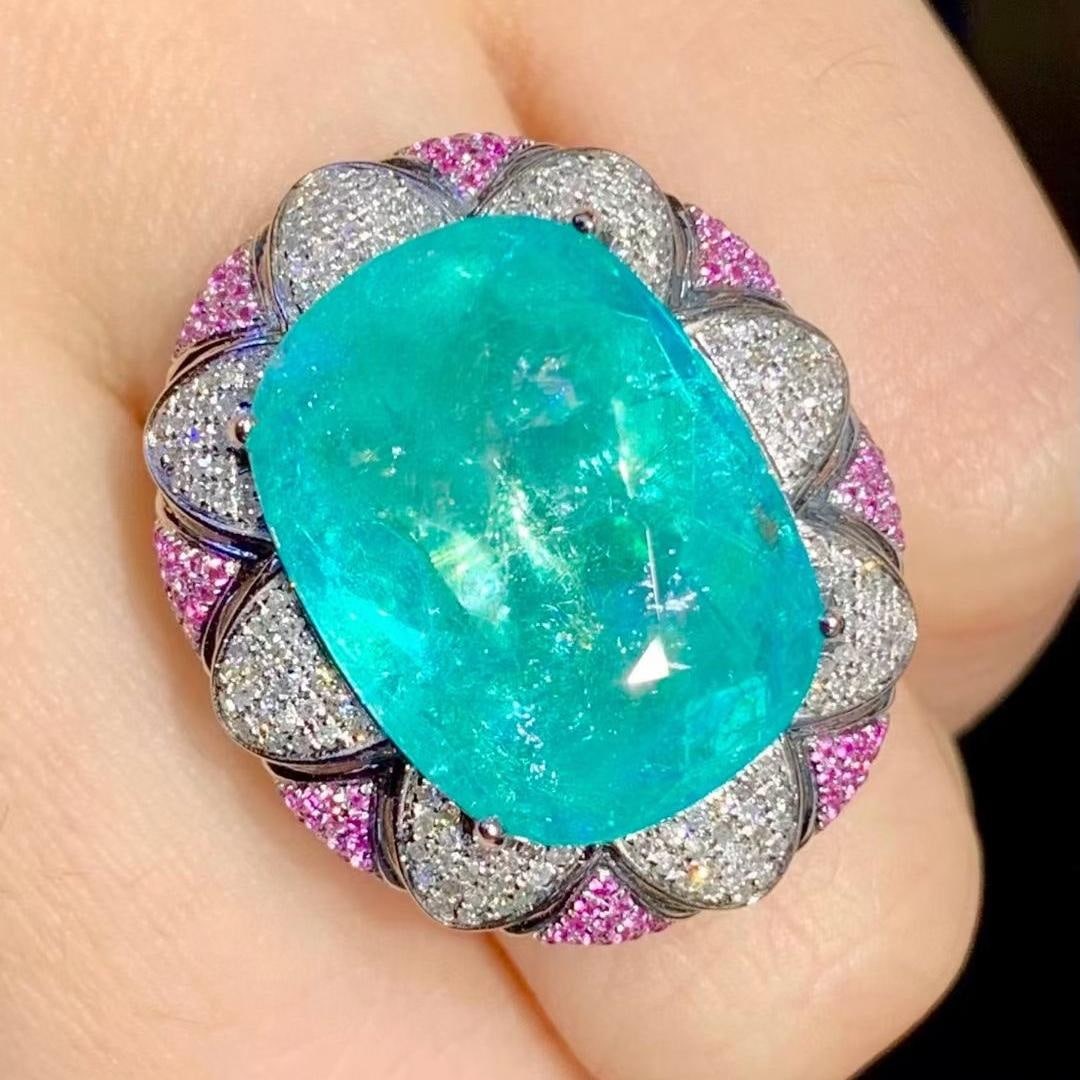 14k Gold 15.5 Ct Natural Paraiba Tourmaline & Diamond Ring - 5
