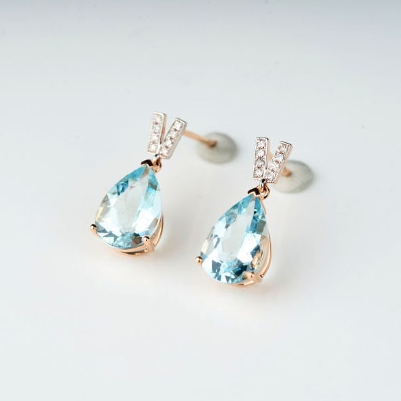 14k Gold 3.13 Ct Natural Aquamarine & Diamond Earrings - 4