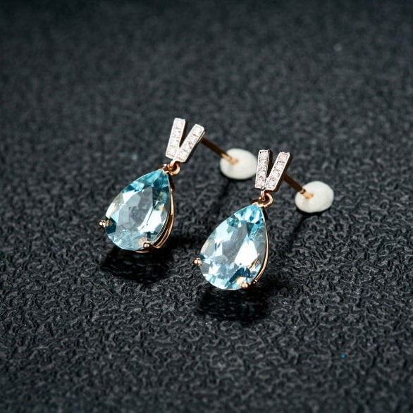 14k Gold 3.13 Ct Natural Aquamarine & Diamond Earrings - 9