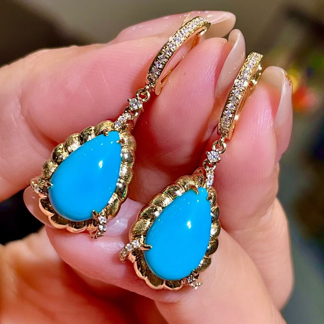 14k Gold 5.63 Ctw Natural Blue Turquoise & Diamond Earrings - 3