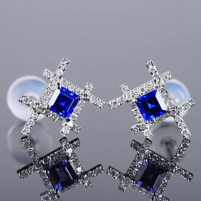 14k Gold 0.67 Ctw Natural Sapphire & Diamond Earrings: Ref:231113108 // gold content:14k gold // main gemstone:sapphire // shape:square // carat weight:0. 5ct // color:blue // treatment:natural // // adjacent gemstone 2 : diamond // number of stones:58