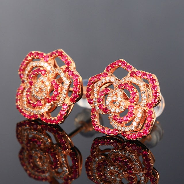 14k Gold 0.62 Ctw Natural Ruby & Diamond Earrings: Ref:231113112 // gold content:14k gold // main gemstone:ruby // shape:round // carat weight:0. 36ct // color:red // treatment:natural // cut grade:g // // adjacent gemstone 2 : diamond // number of