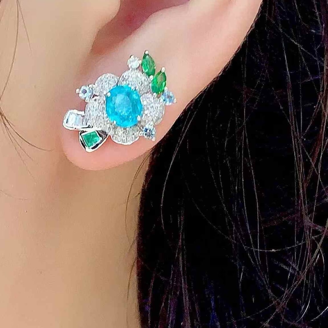 14k Gold 1.3 Ct Natural Paraiba Tourmaline & Diamond & Coloured Gemstone Earrings - 4