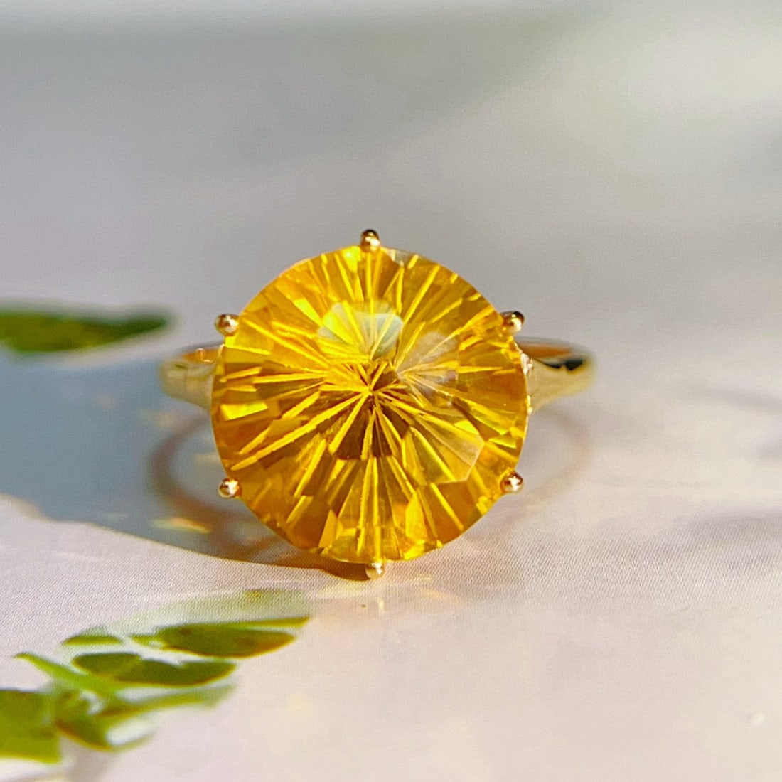 14k Gold 6.85 Ctw Natural Citrine & Diamond Ring: Ref:231113146 // gold content:14k gold // ring size:7. 25us // // main gemstone:citrine // shape:round // carat weight:6. 8ct // color:yellow // treatment:natural // cut grade:g // // adjacent