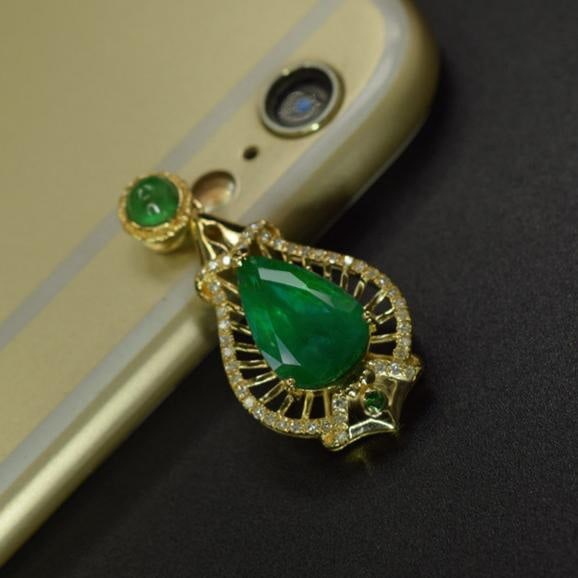 14k Gold 3.28 Ctw Natural Emerald & Diamond & Tsavorite Pendant( Without Chain ) - 3