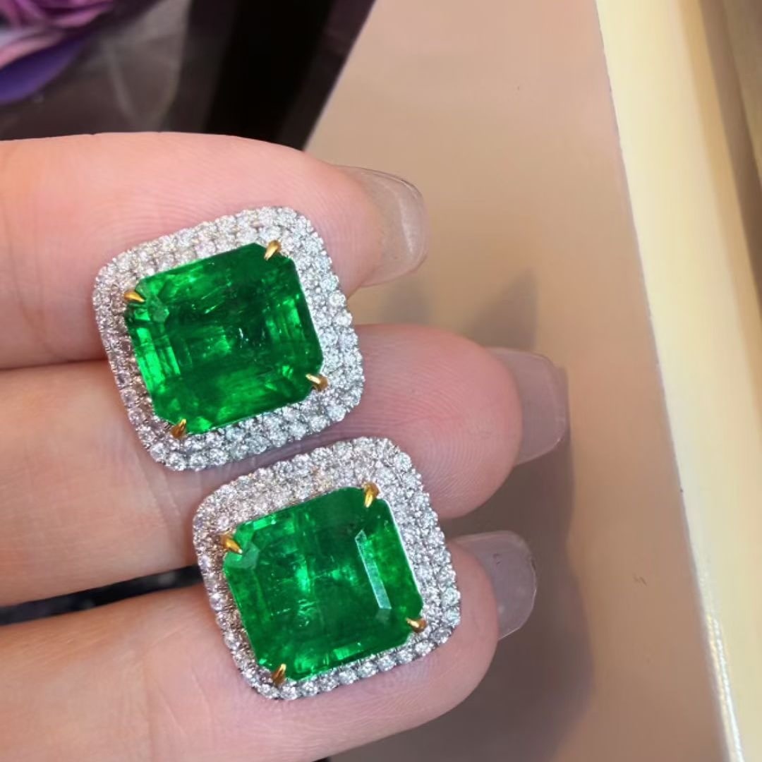 14k Gold 8.39 Ct Natural Emerald & Diamond Earrings - 2