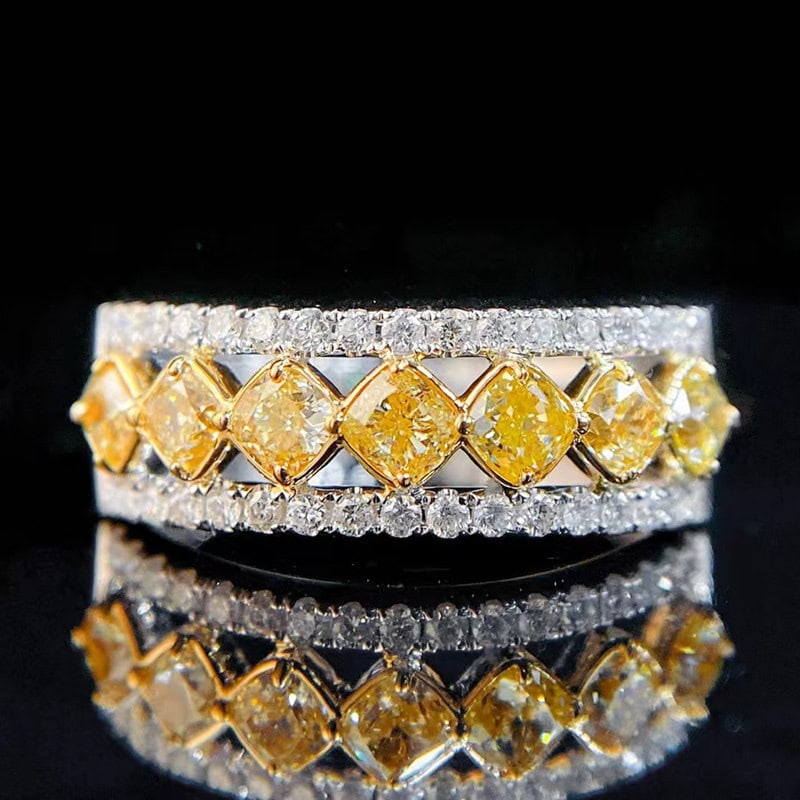 14k Gold 1.05 Ctw Natural Yellow Diamond & Diamond Ring: Ref:231113214 // gold content:14k gold // ring size:7. 25us // // main gemstone:yellow diamond // shape:cushion // carat weight:0. 8ct // color:yellow // treatment:natural // // adjacent gemstone 2 :