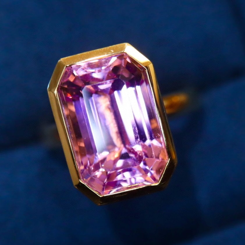 14k Gold 8.5 Ct Natural Kunzite & Solitaire Ring - 2