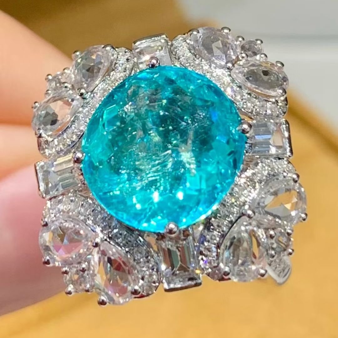 14k Gold 4.9 Ct Natural Paraiba Tourmaline & Diamond & Sapphire Ring - 3