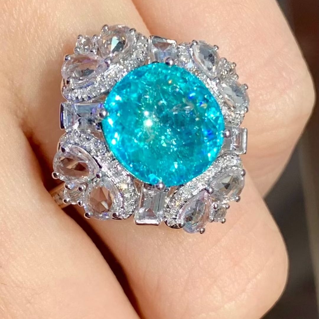 14k Gold 4.9 Ct Natural Paraiba Tourmaline & Diamond & Sapphire Ring - 6