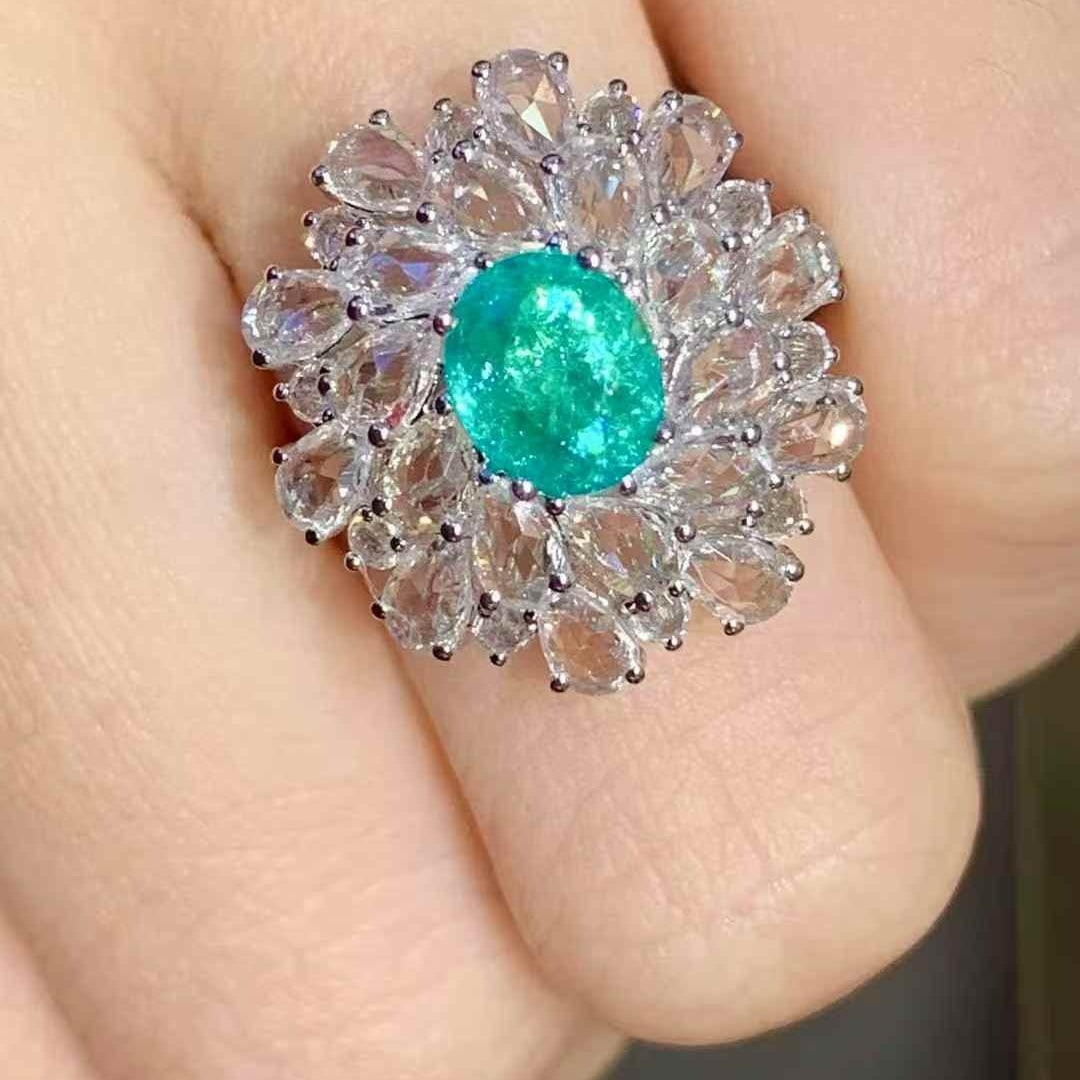 14k Gold 1.2 Ct Natural Paraiba Tourmaline & Sapphire & Diamond Ring - 4