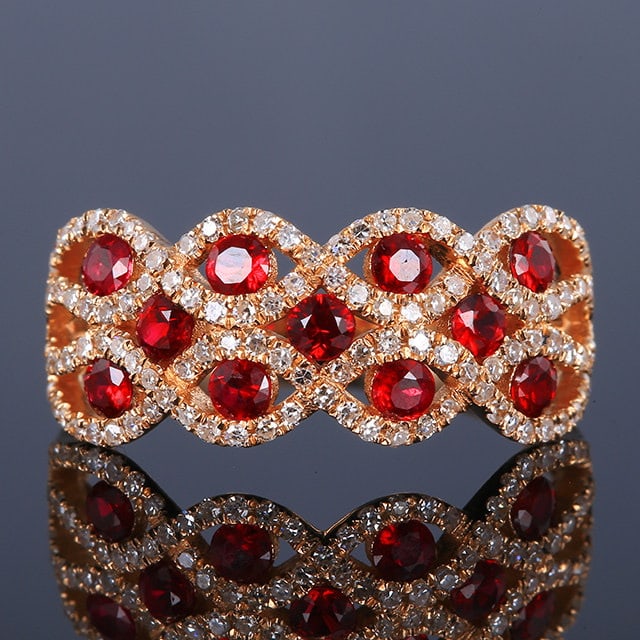 14k Gold 1.03 Ctw Natural Ruby & Diamond Ring: Ref:231113238 // gold content:14k gold // ring size:7. 25us // // main gemstone:ruby // shape:round // carat weight:0. 68ct // color:red // treatment:natural // cut grade:g // // adjacent gemstone 2