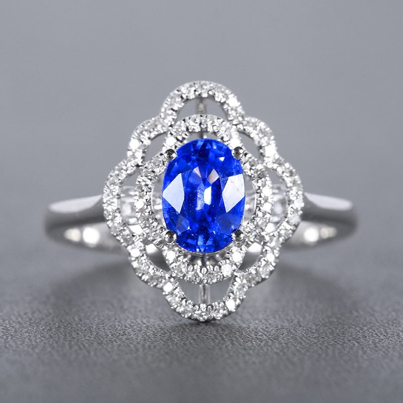 14k Gold 1.35 Ctw Natural Sapphire & Diamond Ring: Ref:231113240 // gold content:14k gold // ring size:7. 25us // // main gemstone:sapphire // shape:oval // carat weight:1. 16ct // color:blue // treatment:natural // // adjacent gemstone 2 : diamond