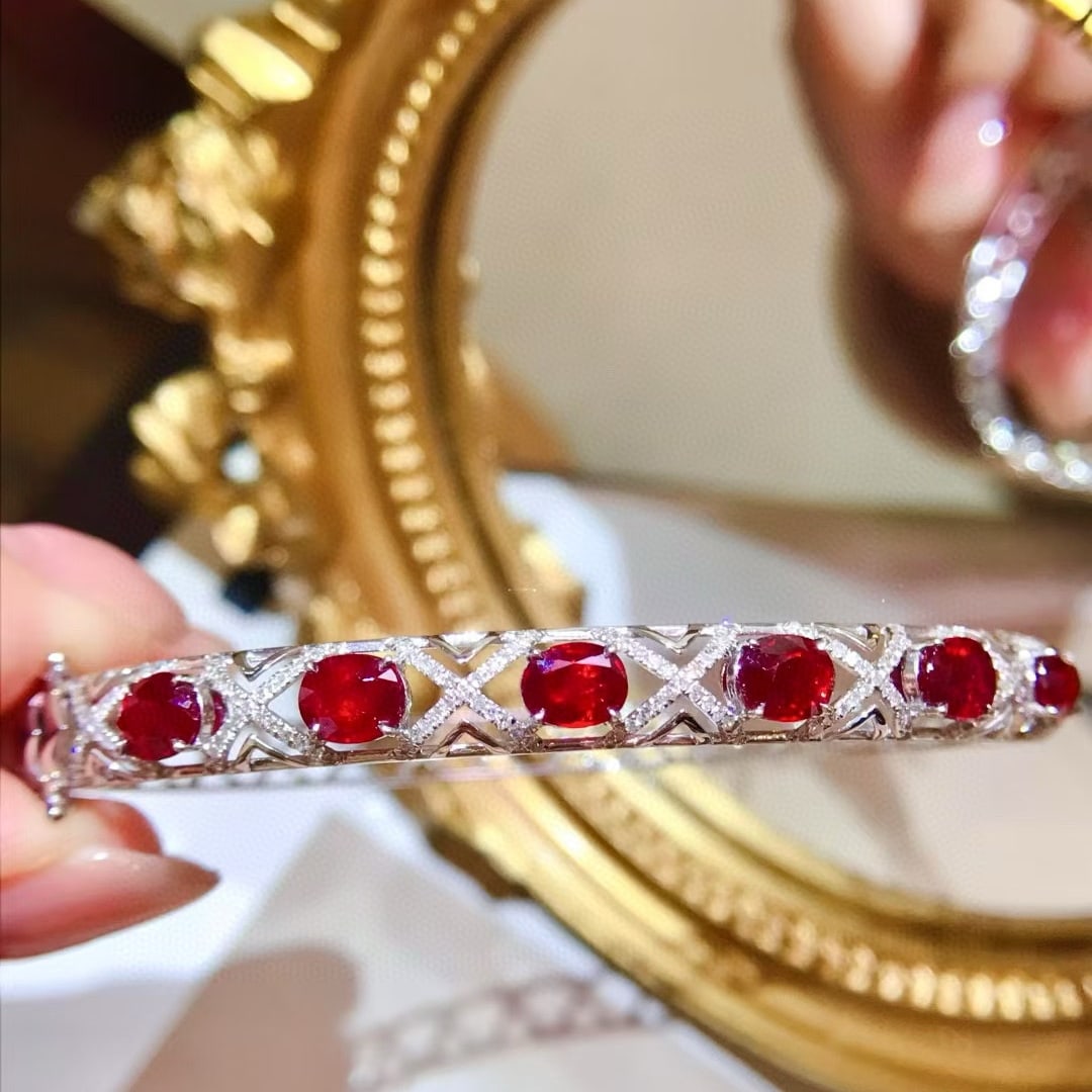 14k Gold 4.73 Ctw Natural Ruby & Diamond Bangle - 2
