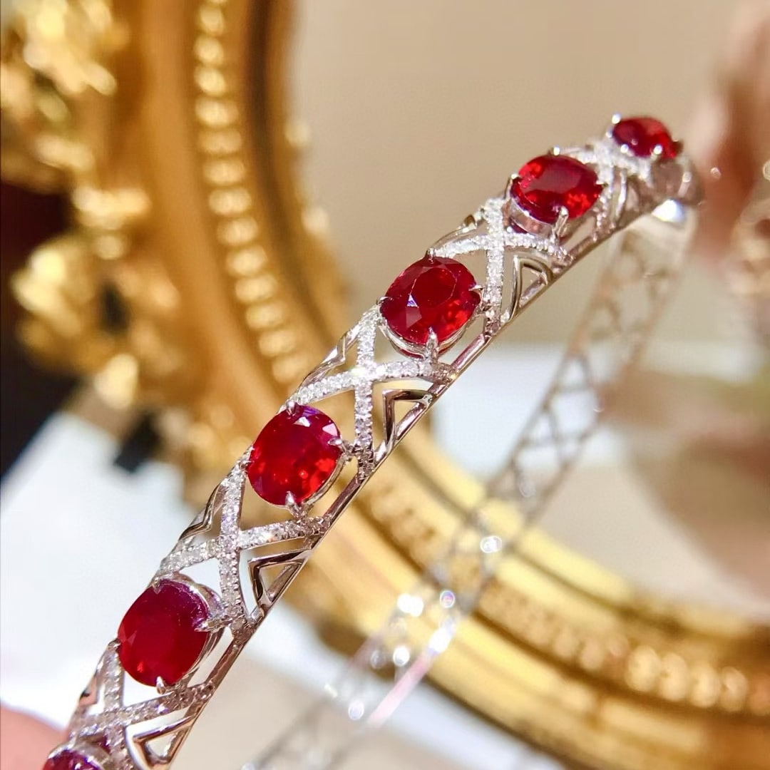 14k Gold 4.73 Ctw Natural Ruby & Diamond Bangle - 3