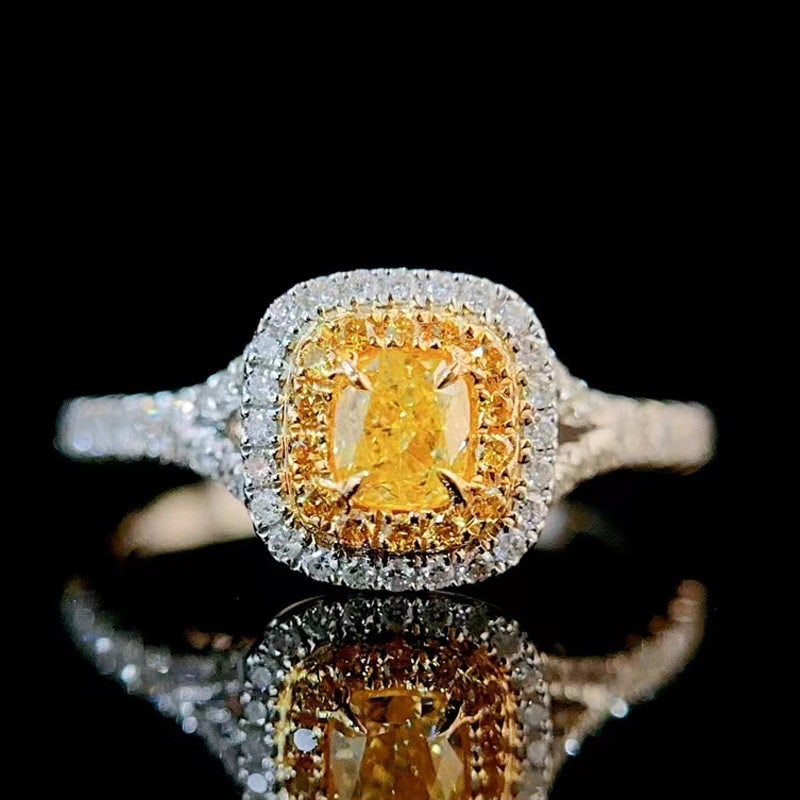 14k Gold 0.6 Ctw Natural Yellow Diamond & Diamond Ring: Ref:231113256 // gold content:14k gold // ring size:7. 25us // // main gemstone:yellow diamond // shape:cushion // carat weight:0. 3ct // color:yellow // treatment:natural // // adjacent gemstone 2 :