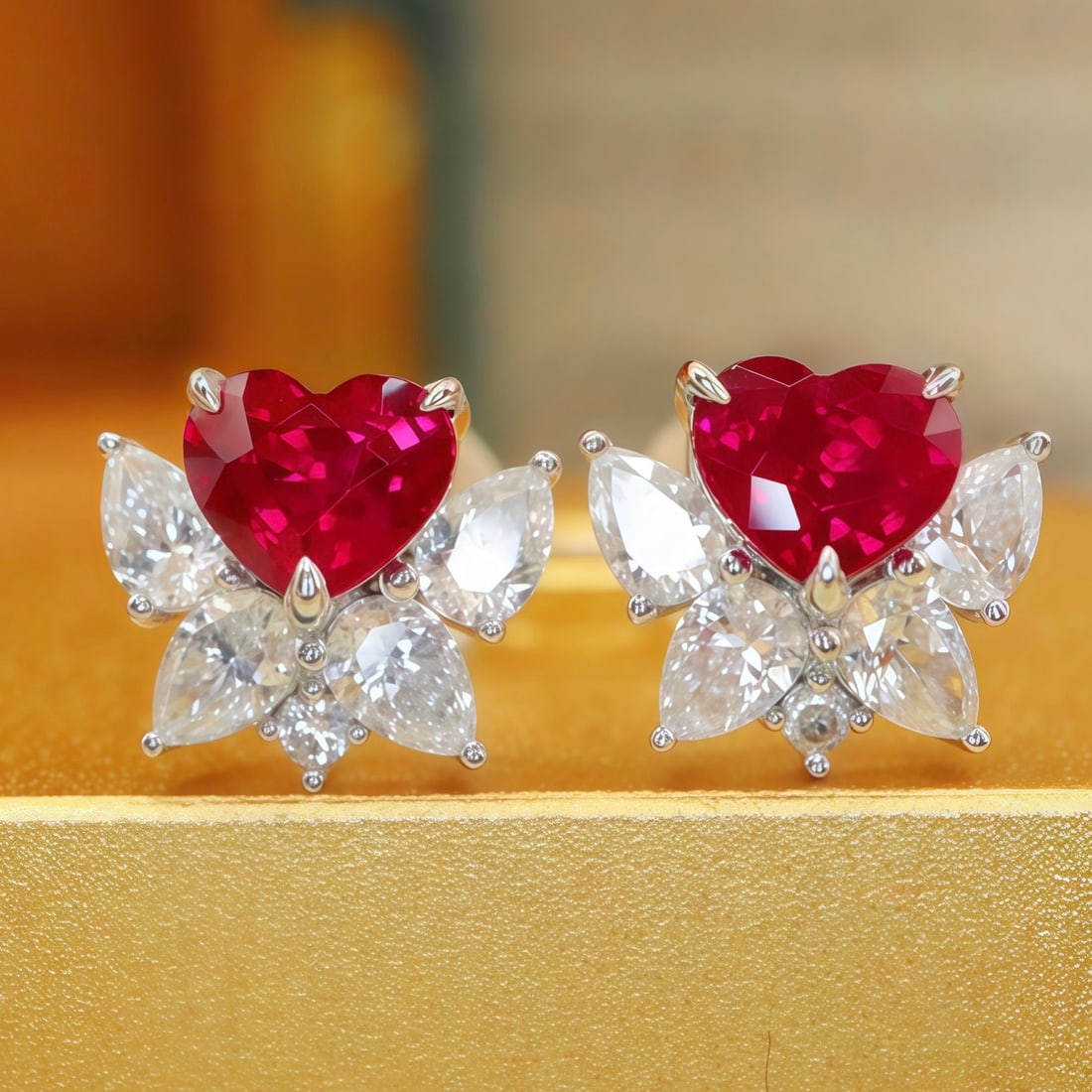 14k Gold 1.41 Ctw Natural Ruby & Diamond Earrings: Ref:231114027 // gold content:14k gold // main gemstone:ruby // shape:heart // carat weight:0. 9ct // color:pigeonblood red // treatment:natural // // adjacent gemstone 2 : diamond // number of