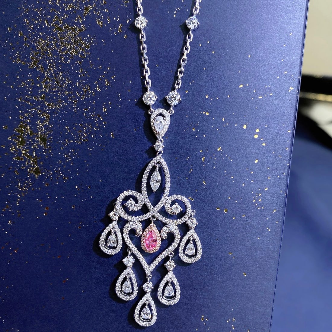 Gia Certified 14k Gold 4.32 Ctw Natural Pink Diamond & Diamond Necklace: Ref:231114052 // gold content:14k gold // main gemstone:pink diamond // certified:gia // shape:pear // carat weight:0. 30ct // clarity grade:i1 // color:pink // treatment:natural // saturability:very