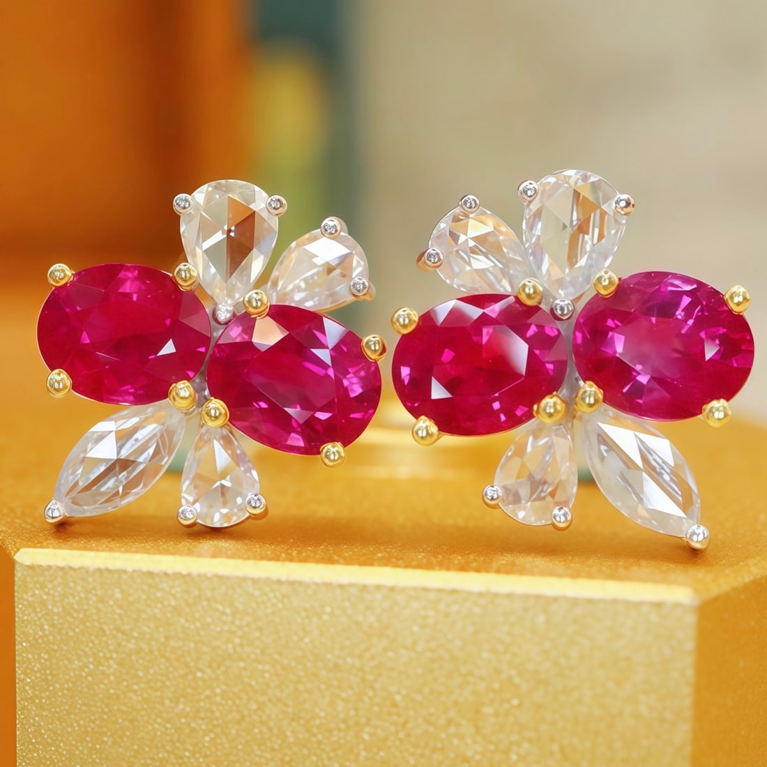 14k Gold 3.01 Ctw Natural Ruby & Diamond Earrings: Ref:231114057 // gold content:14k gold // main gemstone:ruby // shape:oval // carat weight:2. 42ct // color:red // treatment:natural // // adjacent gemstone 2 : diamond // number of stones:8 // shape: