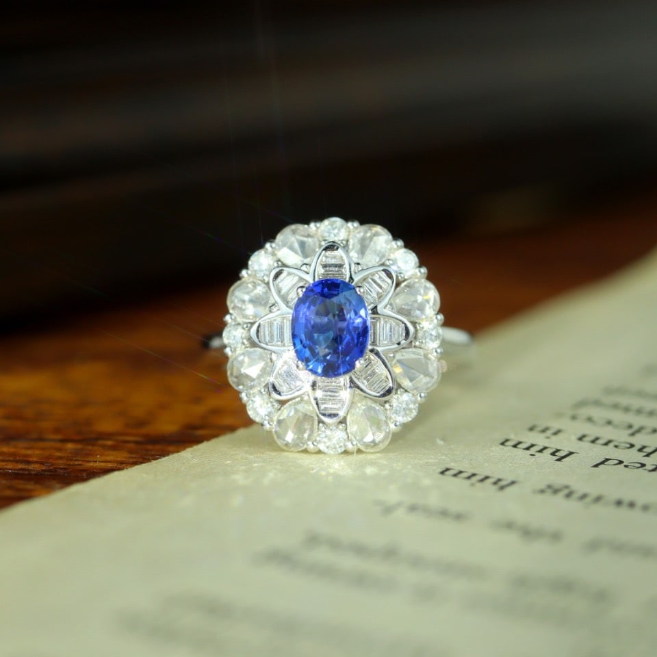 14k Gold 2.03 Ctw Natural Sapphire & Diamond Ring: Ref:231114082 // gold content:14k gold // ring size:7. 25us // // main gemstone:sapphire // shape:oval // carat weight:1. 03ct // color:blue // treatment:natural // // adjacent gemstone 2 : diamond