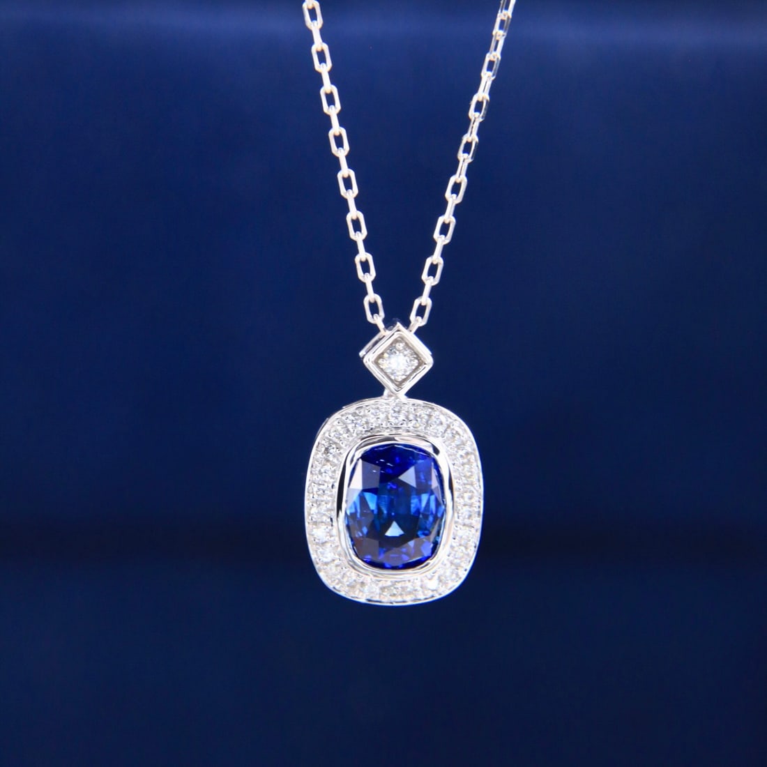 14k Gold 1.28 Ctw Natural Sapphire & Diamond Necklace: Ref:231114144 // gold content:14k gold // main gemstone:sapphire // shape:cushion // carat weight:1. 18ct // color:royal blue // treatment:natural // // adjacent gemstone 2 : diamond // shape:round