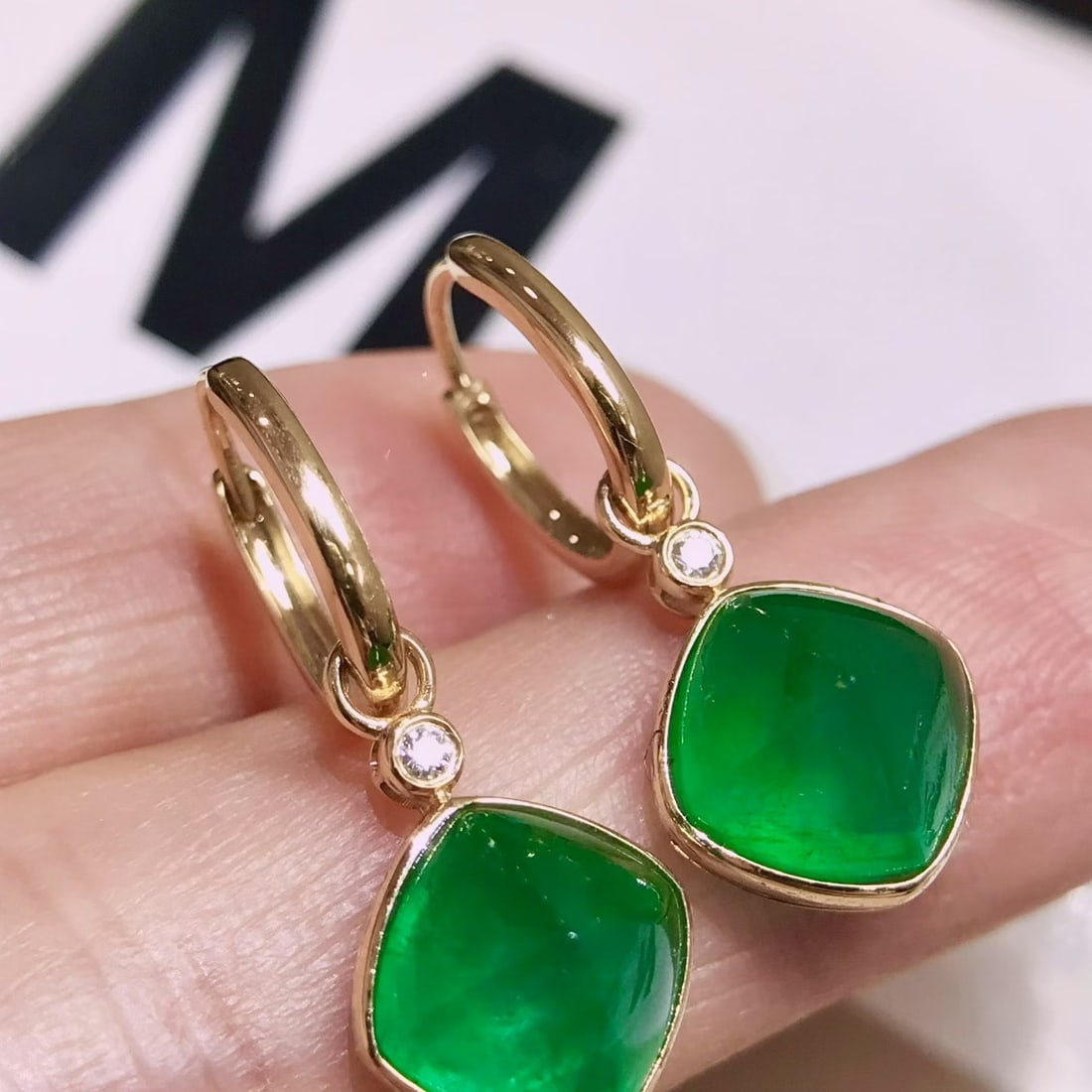 14k Gold 6 Ct Natural Emerald & Diamond Earrings - 2