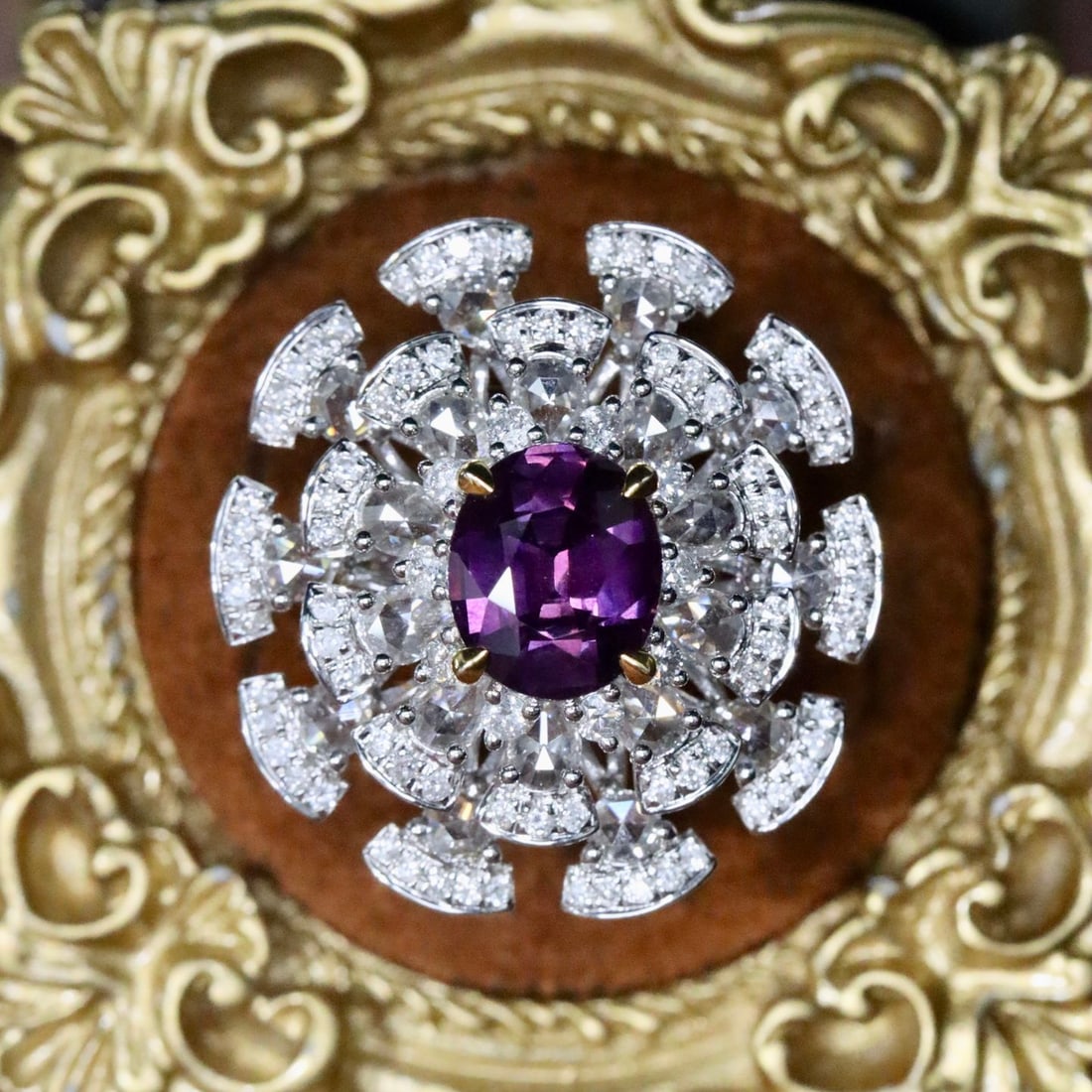 14k Gold 3.39 Ctw Natural Sapphire & Diamond Ring: Ref:231114161 // gold content:14k gold // ring size:7. 25us // // main gemstone:sapphire // shape:oval // carat weight:2. 07ct // color:purple // treatment:natural // // adjacent gemstone 2 : diamond