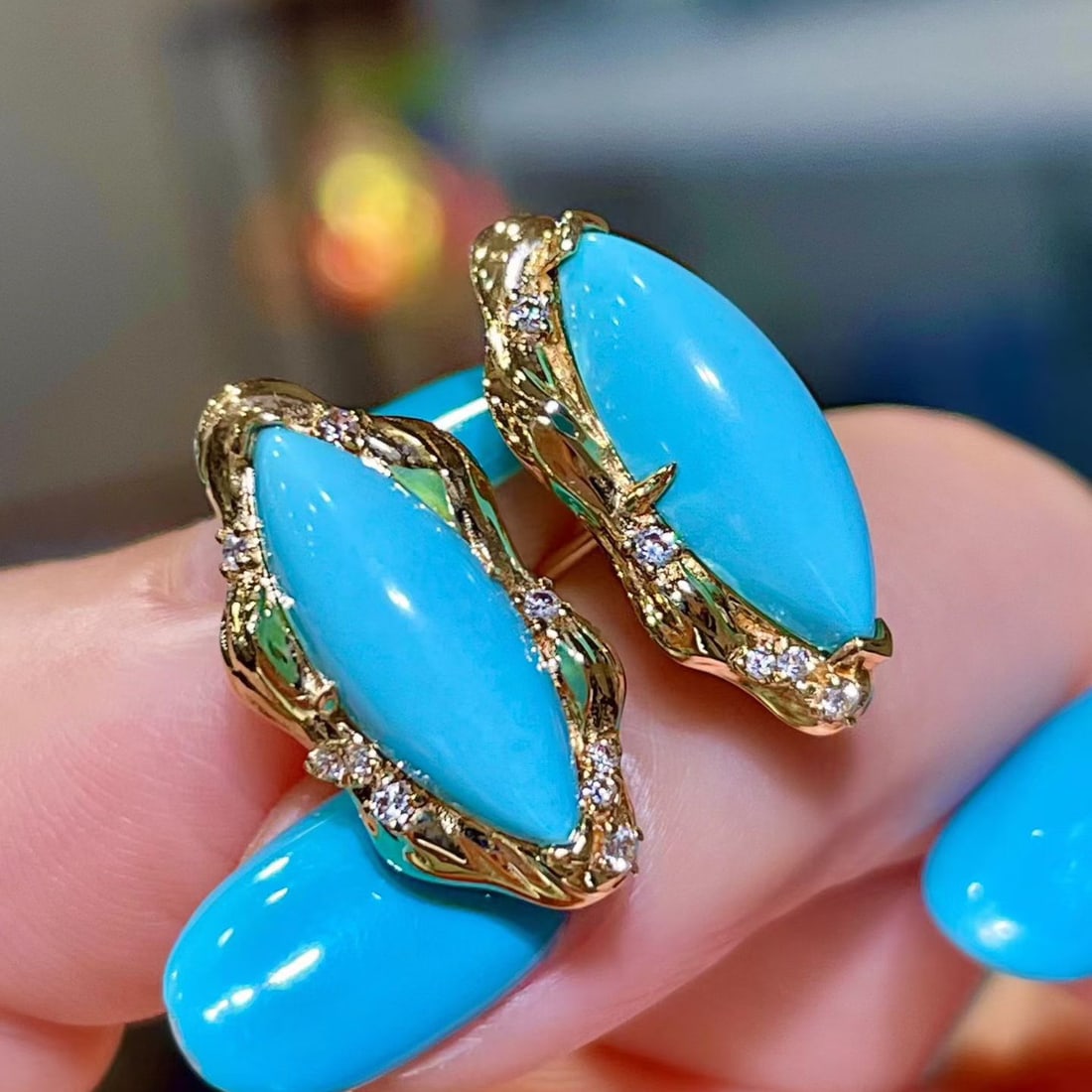 14k Gold 5.15 Ctw Natural Blue Turquoise & Diamond Earrings - 2