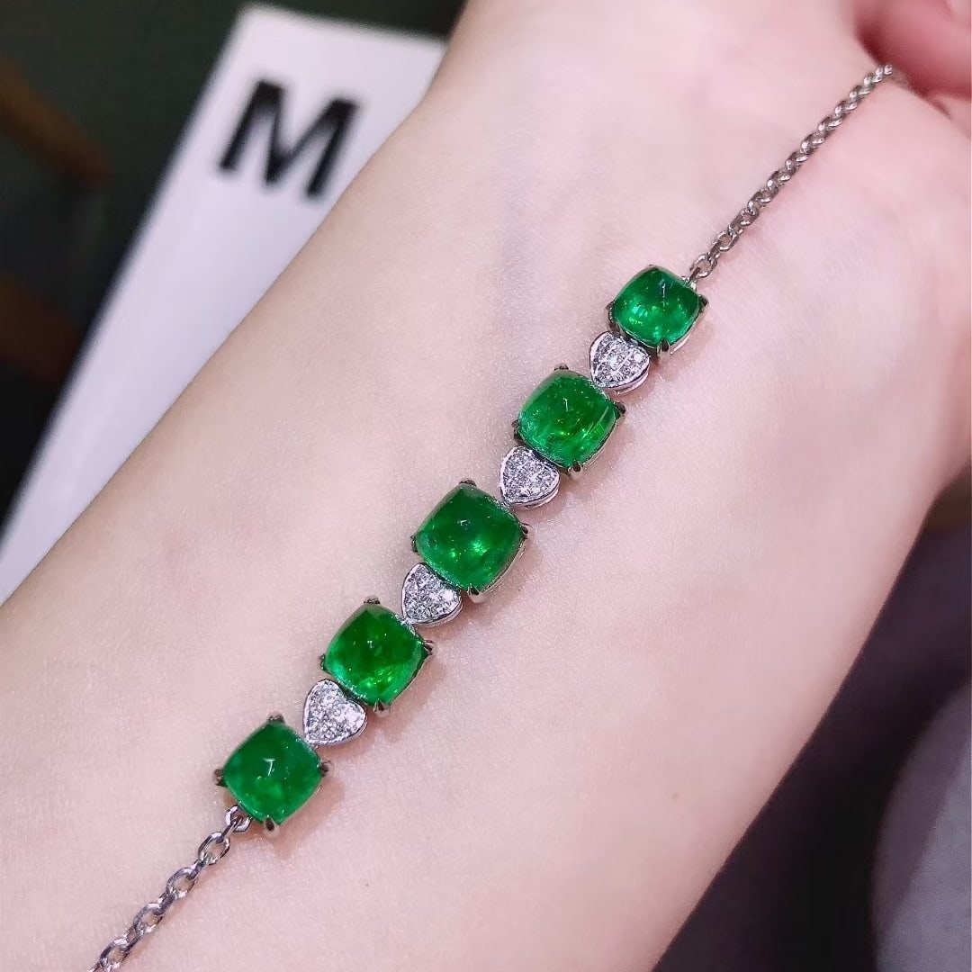 14k Gold 4.4 Ct Vivid Green Natural Emerald & Diamond Bracelet - 6
