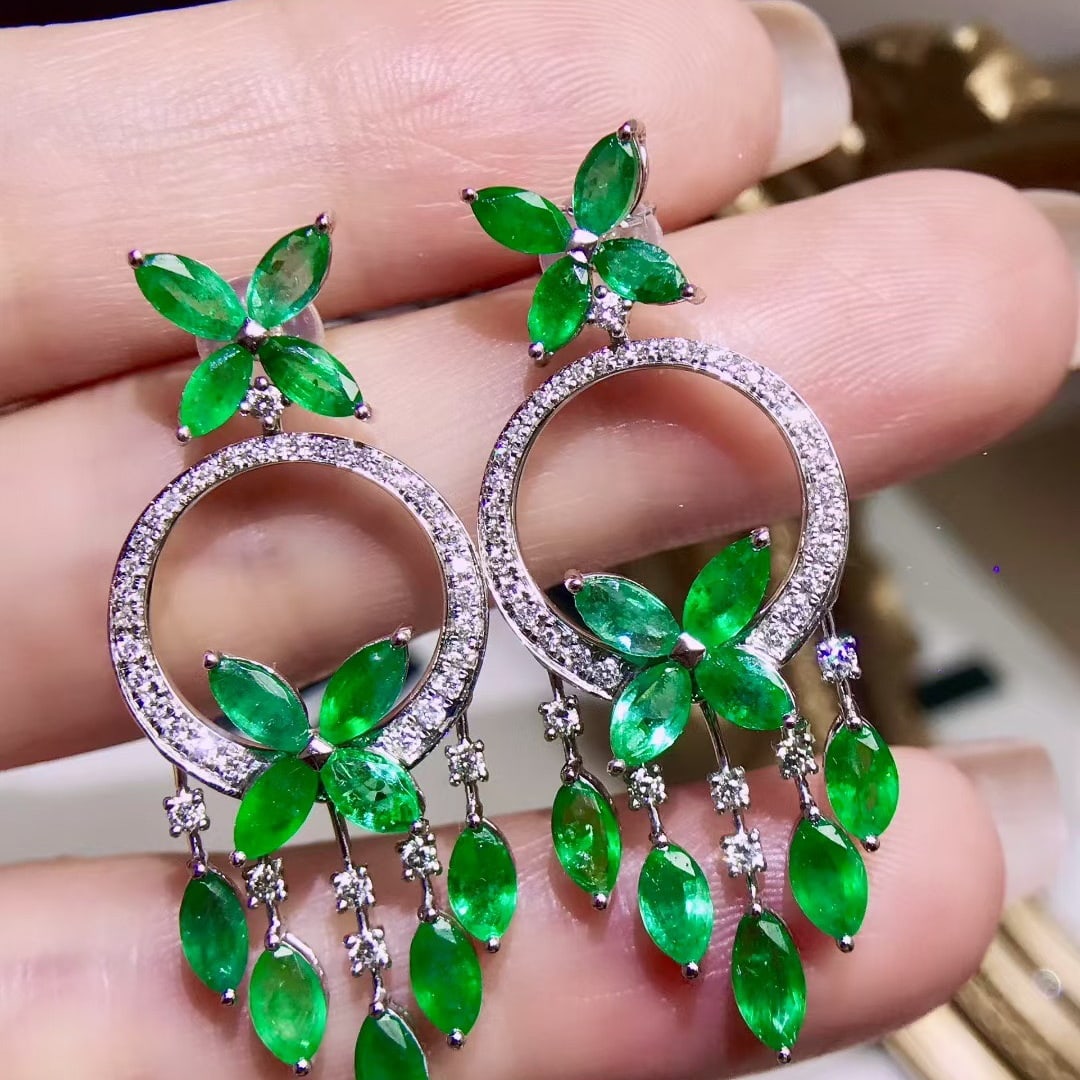 14k Gold 6.25 Ctw Vivid Green Natural Emerald & Diamond Earrings - 2