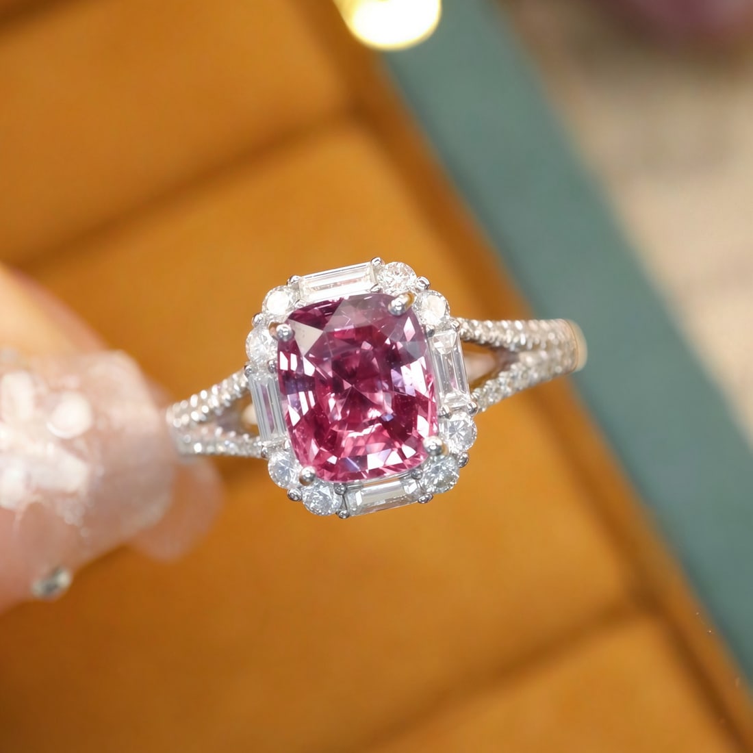 14k Gold 2.07 Ctw Natural Padparadscha Sapphire & Diamond Ring: Ref:231114227 // gold content:14k gold // ring size:7. 25us // // main gemstone:padparadscha sapphire // shape:cushion // carat weight:1. 68ct // color:orangish pink // treatment:natural // //