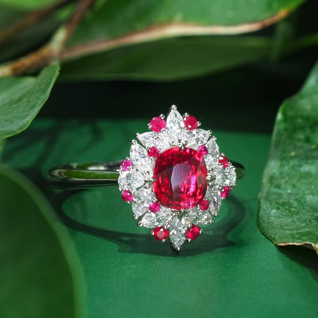 14k Gold 1.56 Ctw Natural Ruby & Diamond Ring: Ref:231114233 // gold content:14k gold // ring size:7. 25us // // main gemstone:ruby // shape:cushion // carat weight:1. 04ct // color:pigeonblood red // treatment:natural // // adjacent gemstone 2 :