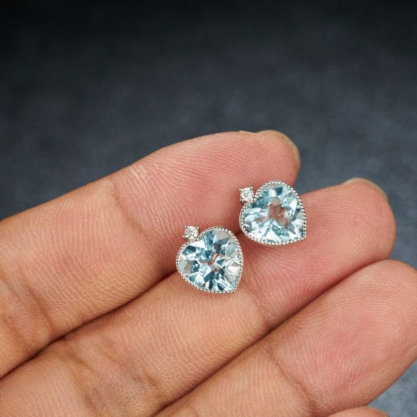 14k Gold 2.86 Ct Natural Aquamarine & Diamond Earrings - 8