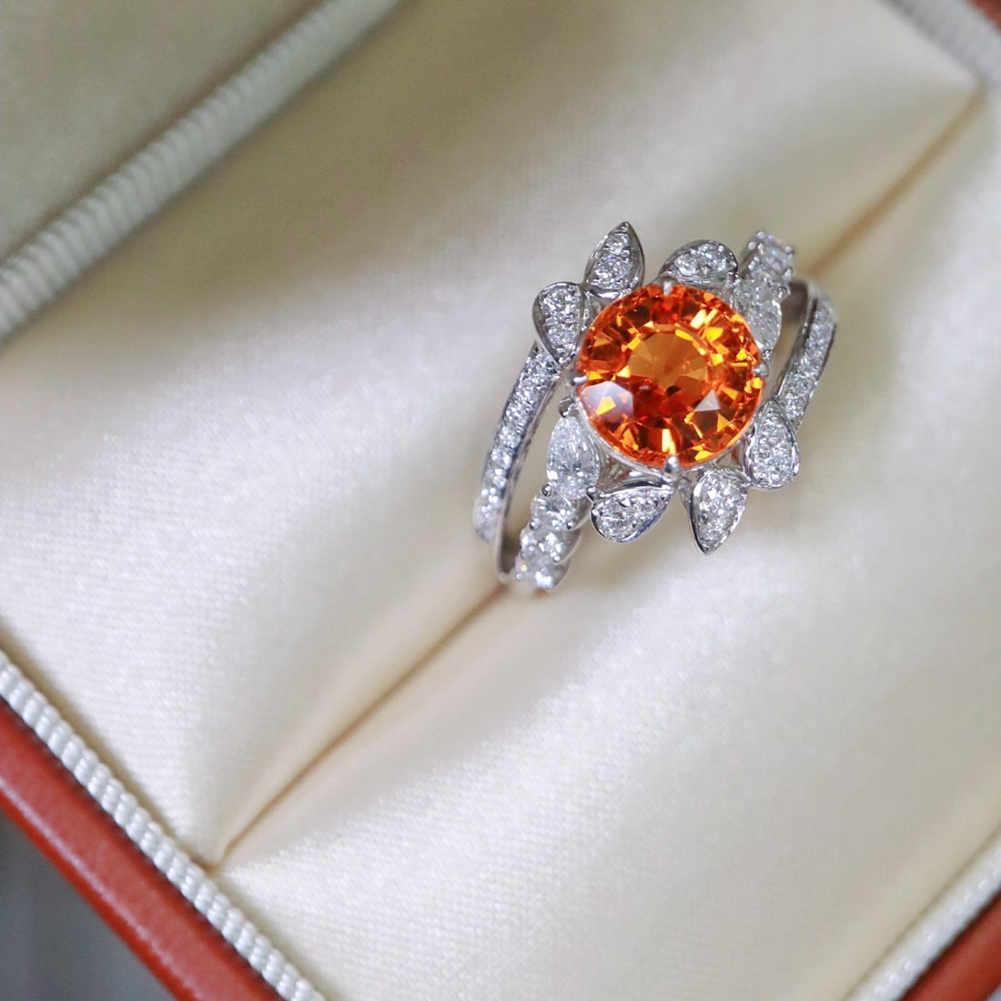 14k Gold 2.88 Ctw Natural Spessartine & Diamond Ring: Ref:231114255 // gold content:14k gold // ring size:7. 25us // // main gemstone:spessartine // shape:round // carat weight:2. 33ct // color:orange // treatment:natural // cut grade:g // // adjacent ge