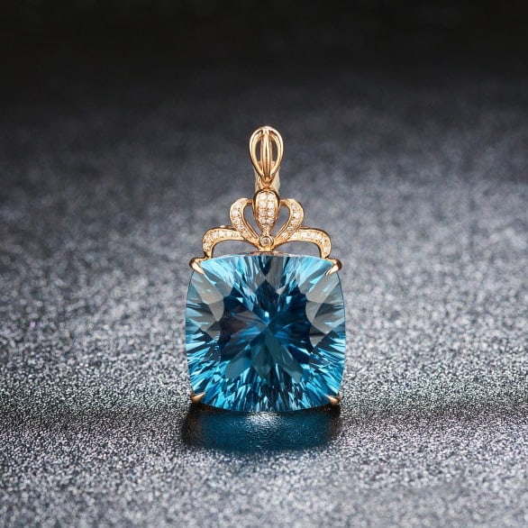 14k Gold 30.26 Ct Natural Topaz & Diamond Pendant( Without Chain ): Ref:231114263 // gold content:14k gold // main gemstone:topaz // shape:cushion // carat weight:30. 26ct // color:blue // treatment:natural // // adjacent gemstone 2 : diamond // shape:round //