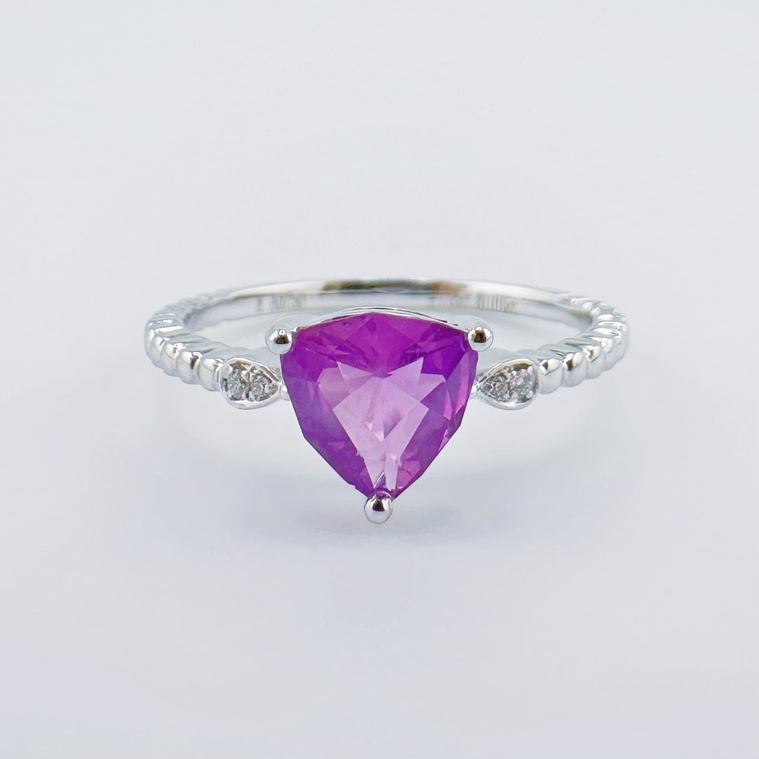 14k Gold 1.06 Ctw Natural Sapphire & Diamond Ring: Ref:231114265 // gold content:14k gold // ring size:7. 25us // // main gemstone:sapphire // shape:triangle // carat weight:1. 05ct // color:purple // treatment:natural // // adjacent gemstone 2 :