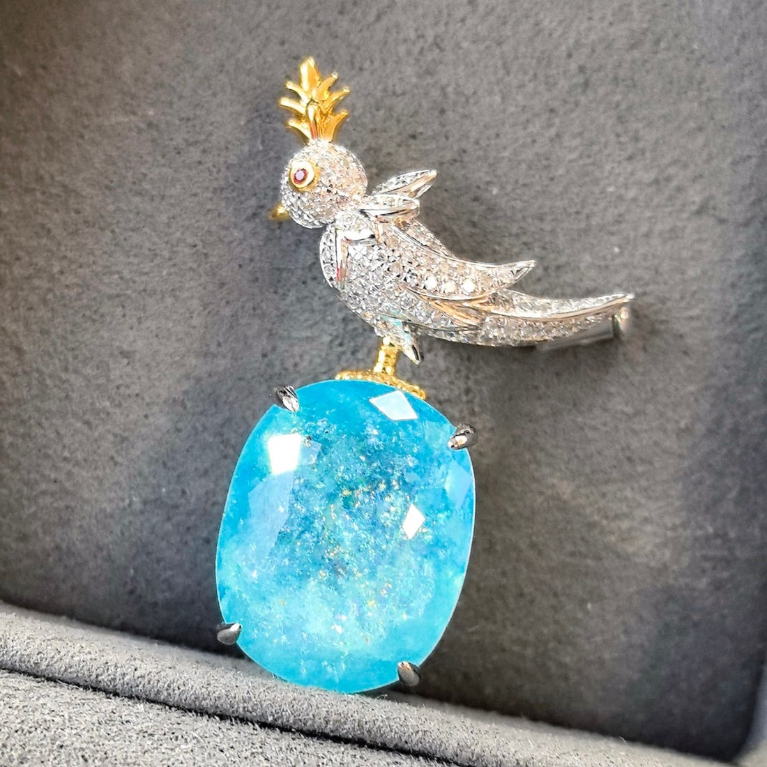 14k Gold 16.64 Ctw Natural Paraiba Tourmaline & Diamond Brooch/pendant( Without Chain ) - 3