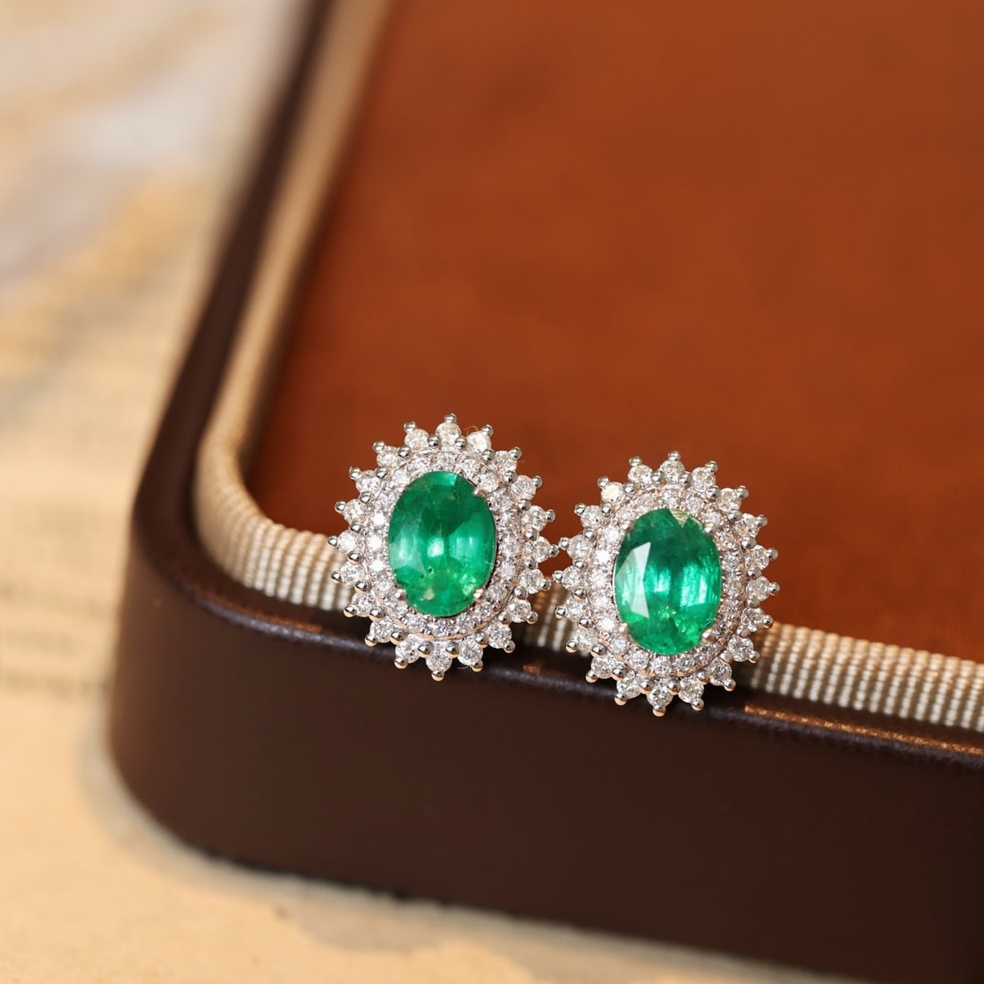 14k Gold 2.26 Ctw Vivid Green Natural Emerald & Diamond Earrings - 2