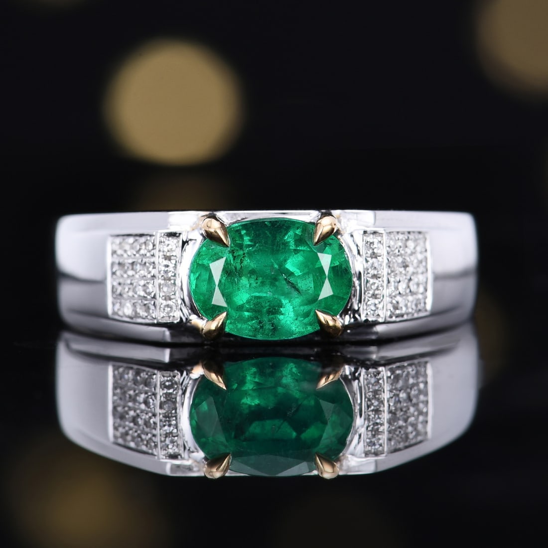 14k Gold 1.31 Ctw Vivid Green Natural Emerald & Diamond Ring: Ref:231114334 // gold content:14k gold // ring size:7. 25us // // main gemstone:emerald // shape:oval // carat weight:1. 23ct // color:vivid green // treatment:natural // // adjacent gemstone 2 : diam
