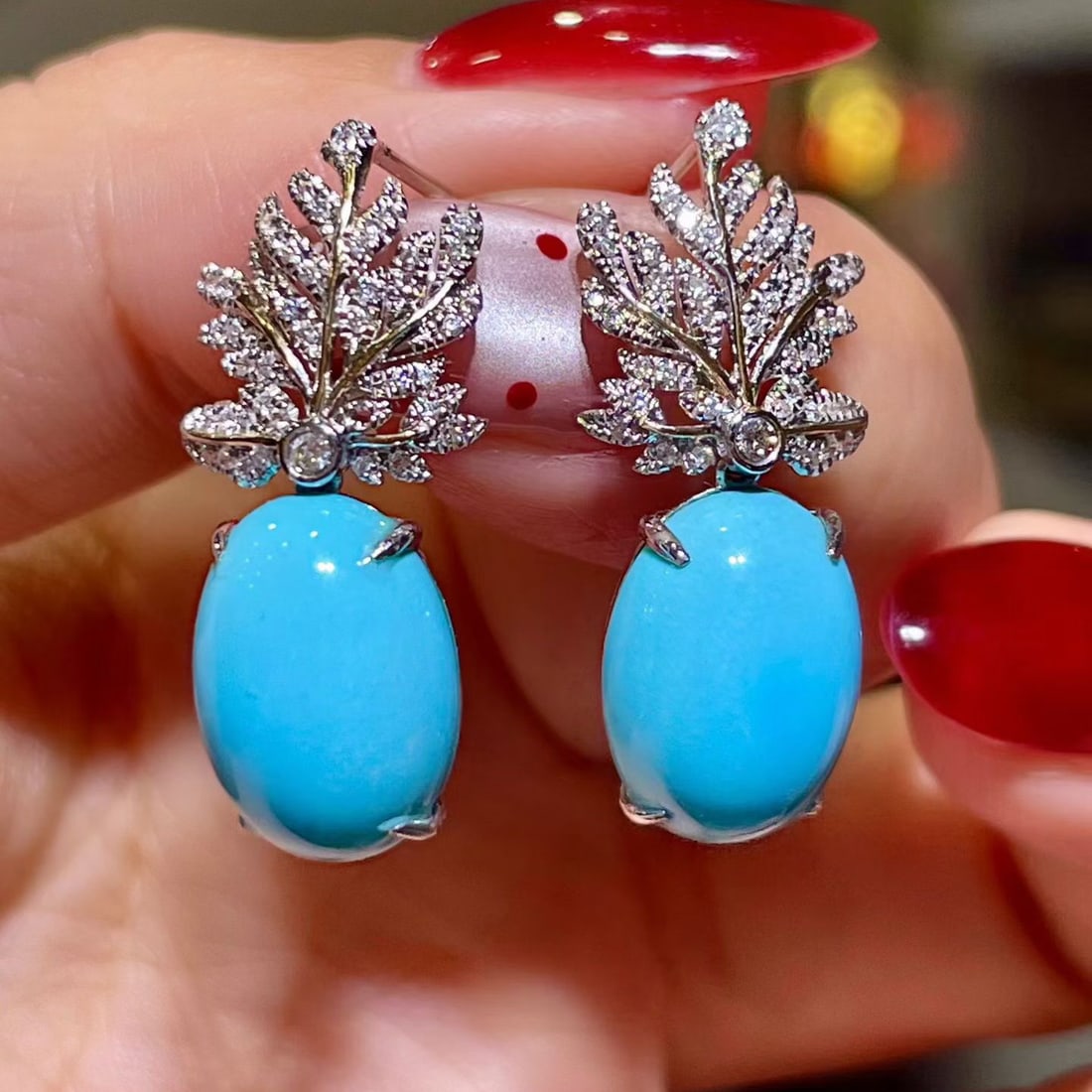 14k Gold 11.01 Ctw Natural Blue Turquoise & Diamond Earrings: Ref:231114398 // gold content:14k gold // main gemstone:blue turquoise // shape:oval // carat weight:10. 68ct // color:blue // treatment:natural // // adjacent gemstone 2 : diamond // shape:round //