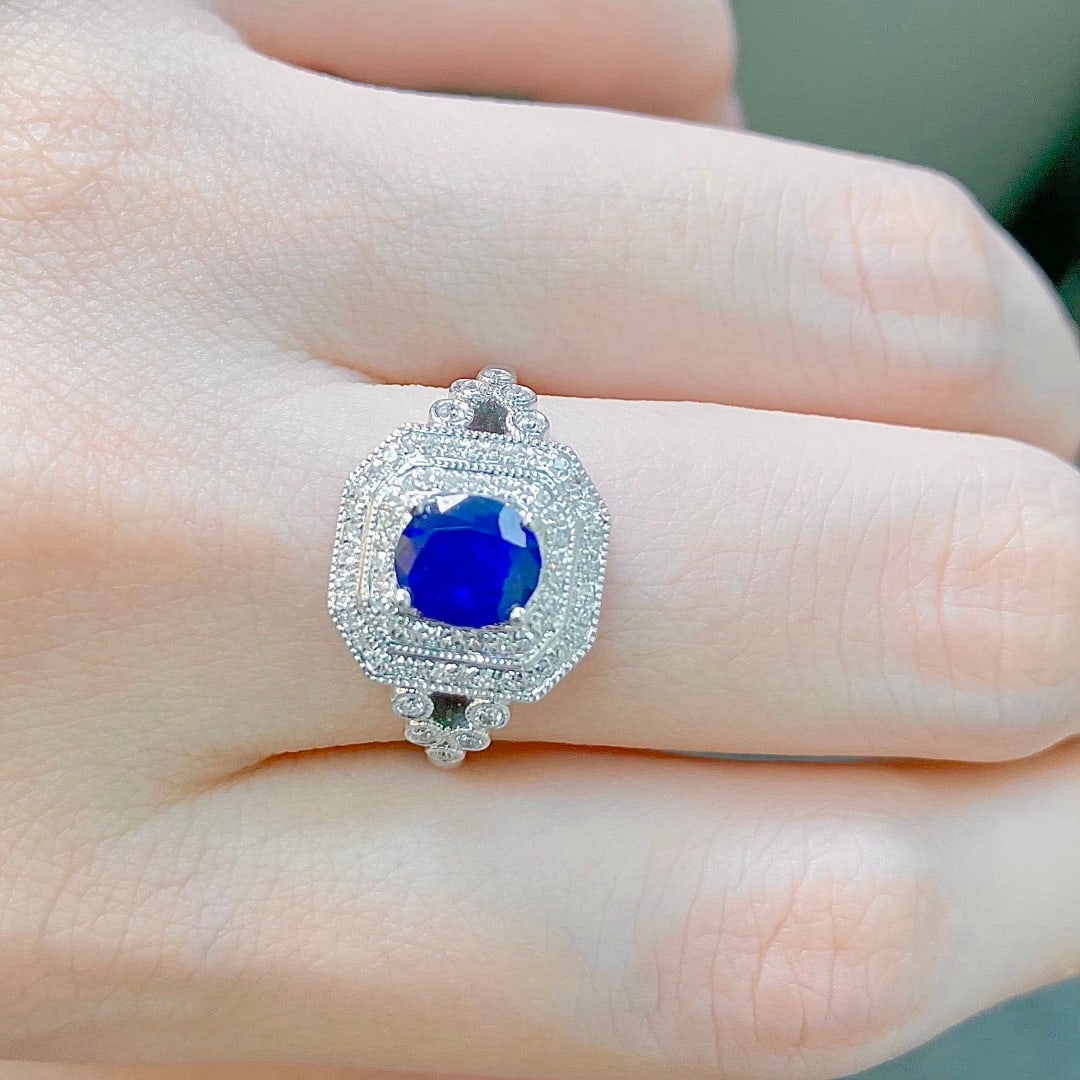14k Gold 1.29 Ctw Vivid Blue Natural Sapphire & Diamond Ring - 6