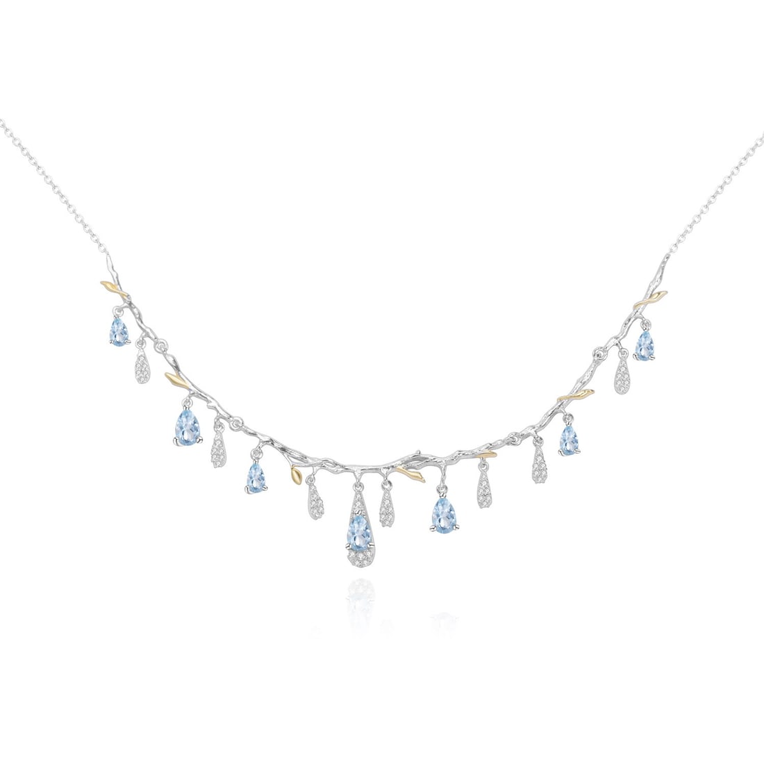 925 Sterling Silver Natural Topaz & Cubic Zirconia Necklace: Ref:260821002 // gold content:925 sterling silver // main gemstone:topaz // number of stones:7 // shape:pear // carat weight: // color:blue // treatment:natural // // adjacent gemstone 2 : cubic
