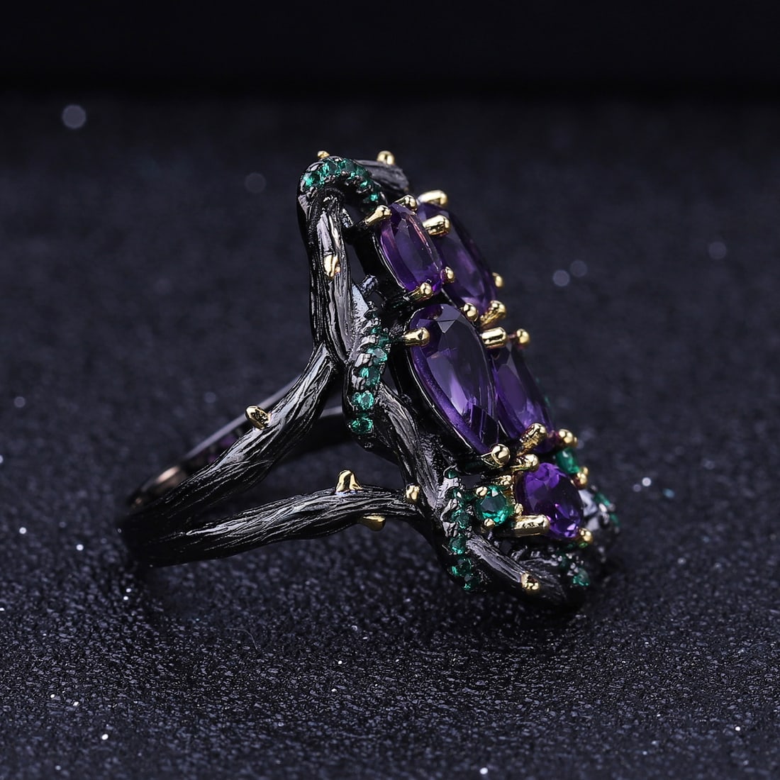 925 Sterling Silver Natural Amethyst & Nano Emerald Ring - 2