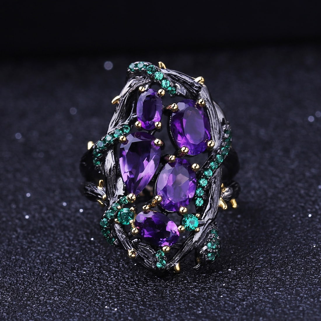 925 Sterling Silver Natural Amethyst & Nano Emerald Ring - 3