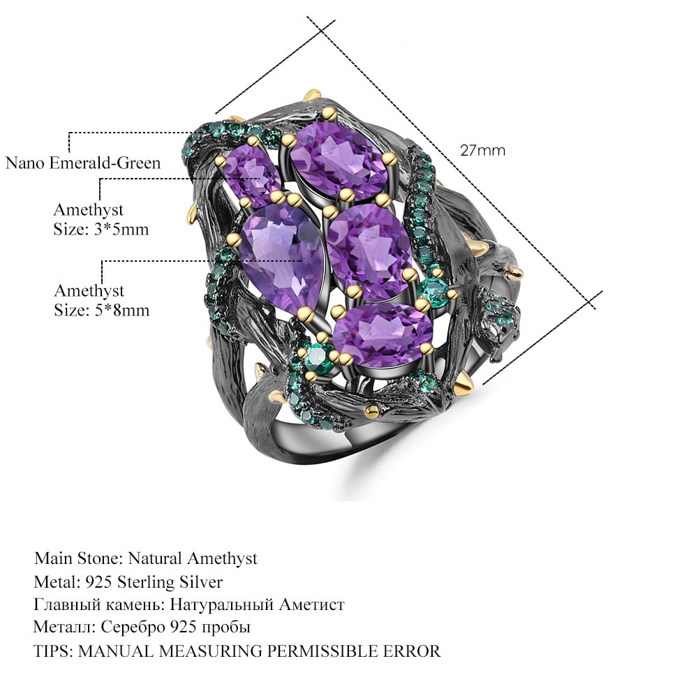 925 Sterling Silver Natural Amethyst & Nano Emerald Ring - 4