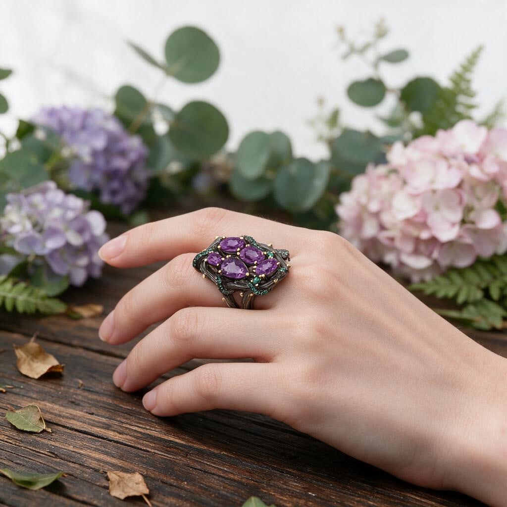 925 Sterling Silver Natural Amethyst & Nano Emerald Ring - 5