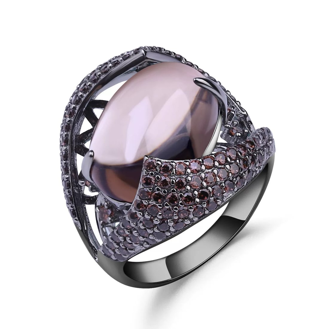 925 Sterling Silver Natural Smoky?Quartz & Smoky Cubic Zirconia Ring: Ref:260821007 // gold content:925 sterling silver // ring size:7. 25us // // main gemstone:smoky? Quartz // shape:oval // carat weight:0. 50ct // color:gray // treatment:natural // // adjacent