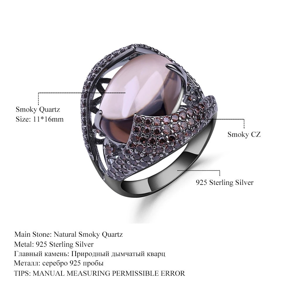 925 Sterling Silver Natural Smoky?Quartz & Smoky Cubic Zirconia Ring - 3